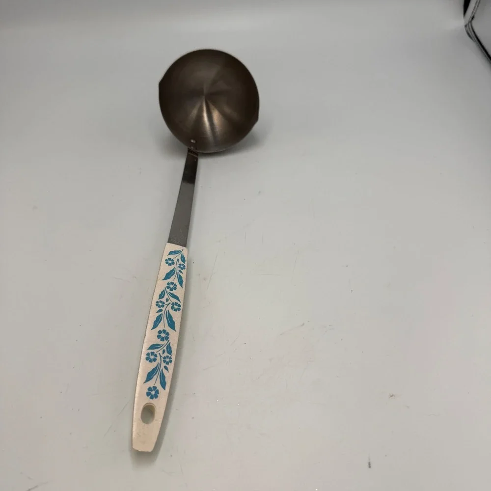 Vintage Household Japan Stainless Gravy Ladle Blue Floral Cream Handle Spout